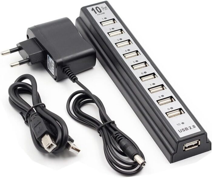 Powered USB Hub 2.0, 10-Port USB Hub USB Extender Splitter for Devices Charging and Fast Data Transfer with Individual LED Indicator Light, USB Multiport Adapter for Laptop, PC, MacBook and More…  Electronics